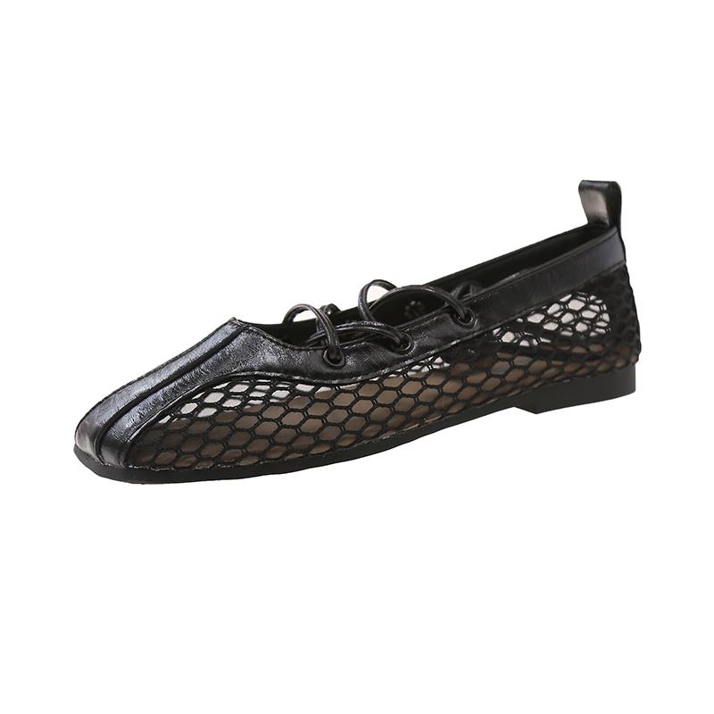Fashion Square Toe Cross Lace-up Mary Jane Shoes Women's Spring and Autumn Explosive Shallow Mouth Soft Sole Flat Single Shoes