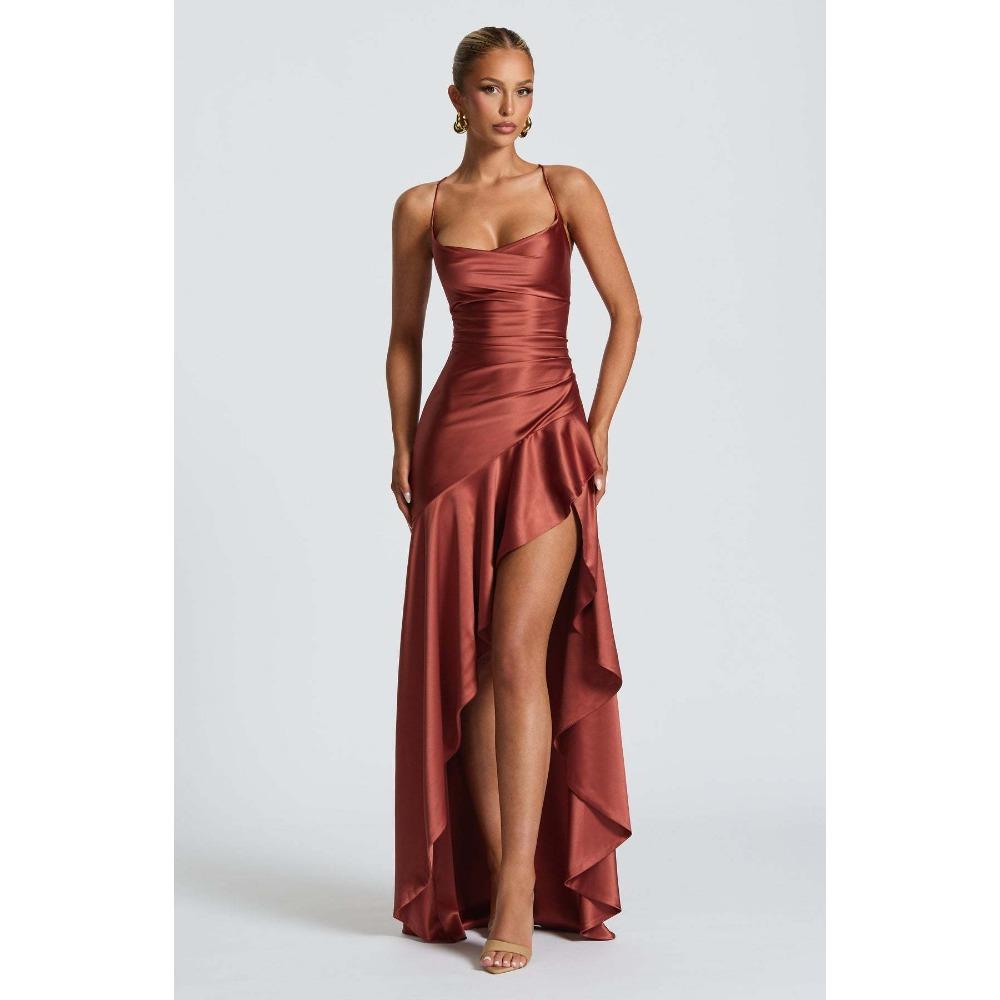 Abito Maxi da Donna Senza Maniche con Scollo a Cappuccio Vestibilità Aderente Vita Alta Sexy in Raso con Spacco Alto Abito con Volant