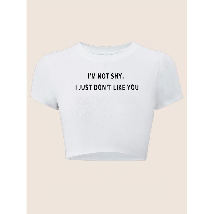 Letter-printed short-sleeved round-neck top, casual slim-fit, cropped T Shirt S