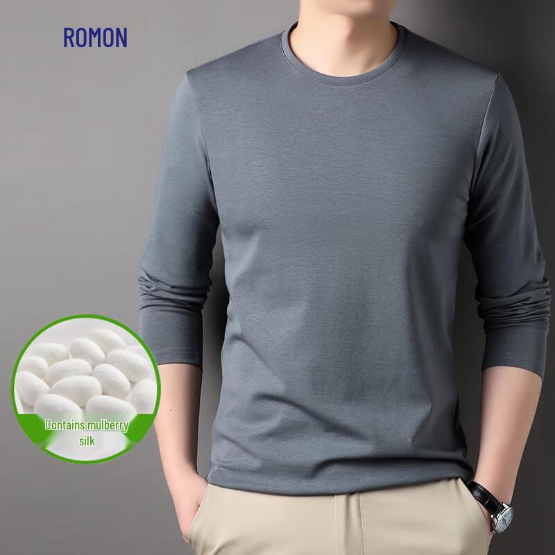 

Romone Men s Mulberry Silk Blend Long Sleeve Ice Silk Round Neck T-Shirt 58/4XL