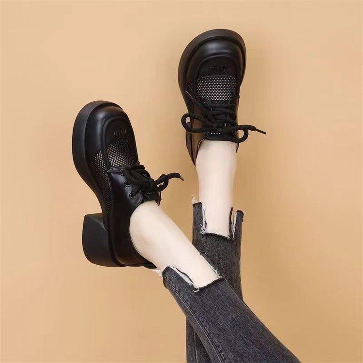 Lace-up thick-heeled small leather shoes for women in the summer of 2025, new breathable mesh single shoes, thick-soled heightening work loafers
