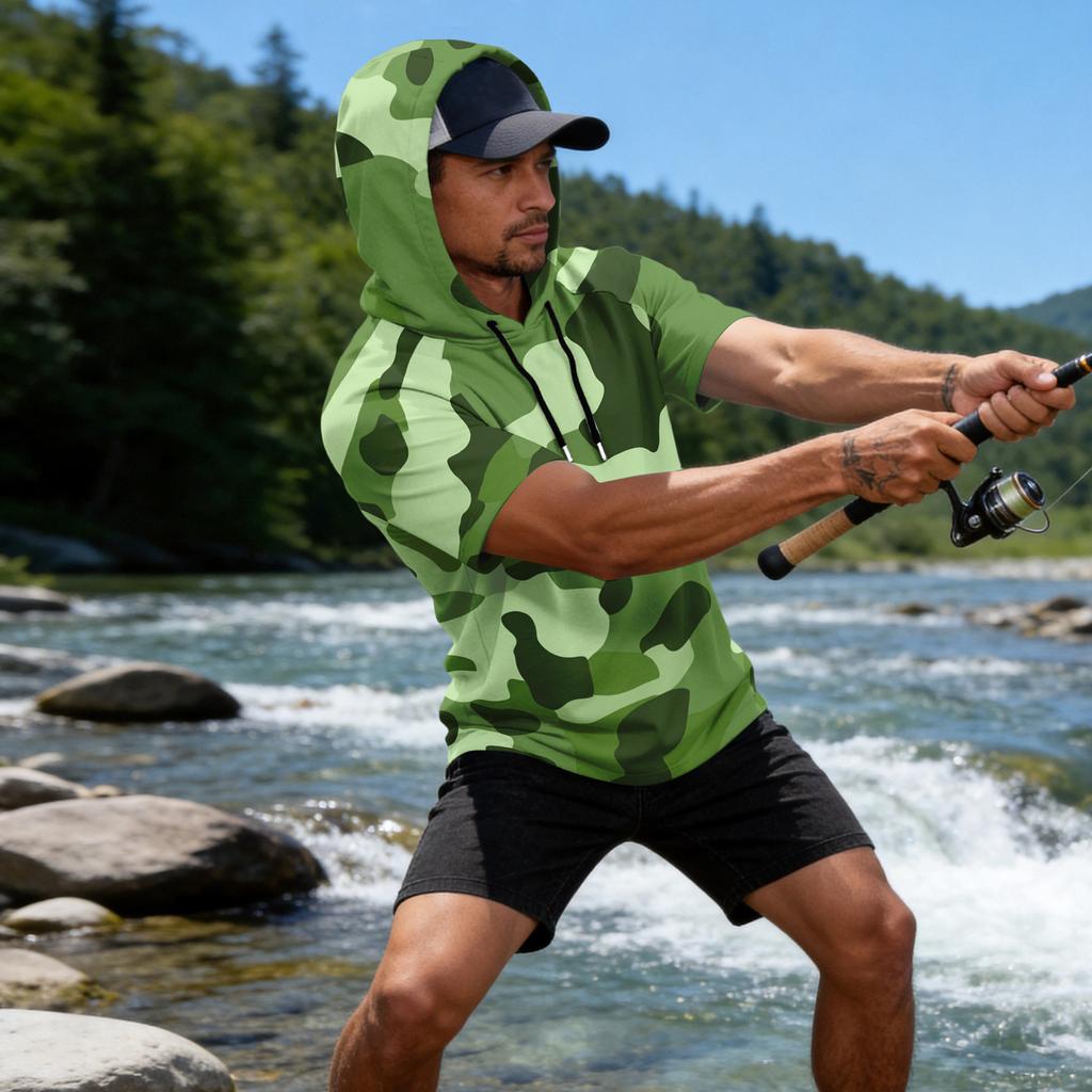 Men's Camouflage Print Raglan Sleeve Casual Sport Fishing Sun Protection Short Sleeve Hoodie Lightweight Breathable Outdoor Shirt