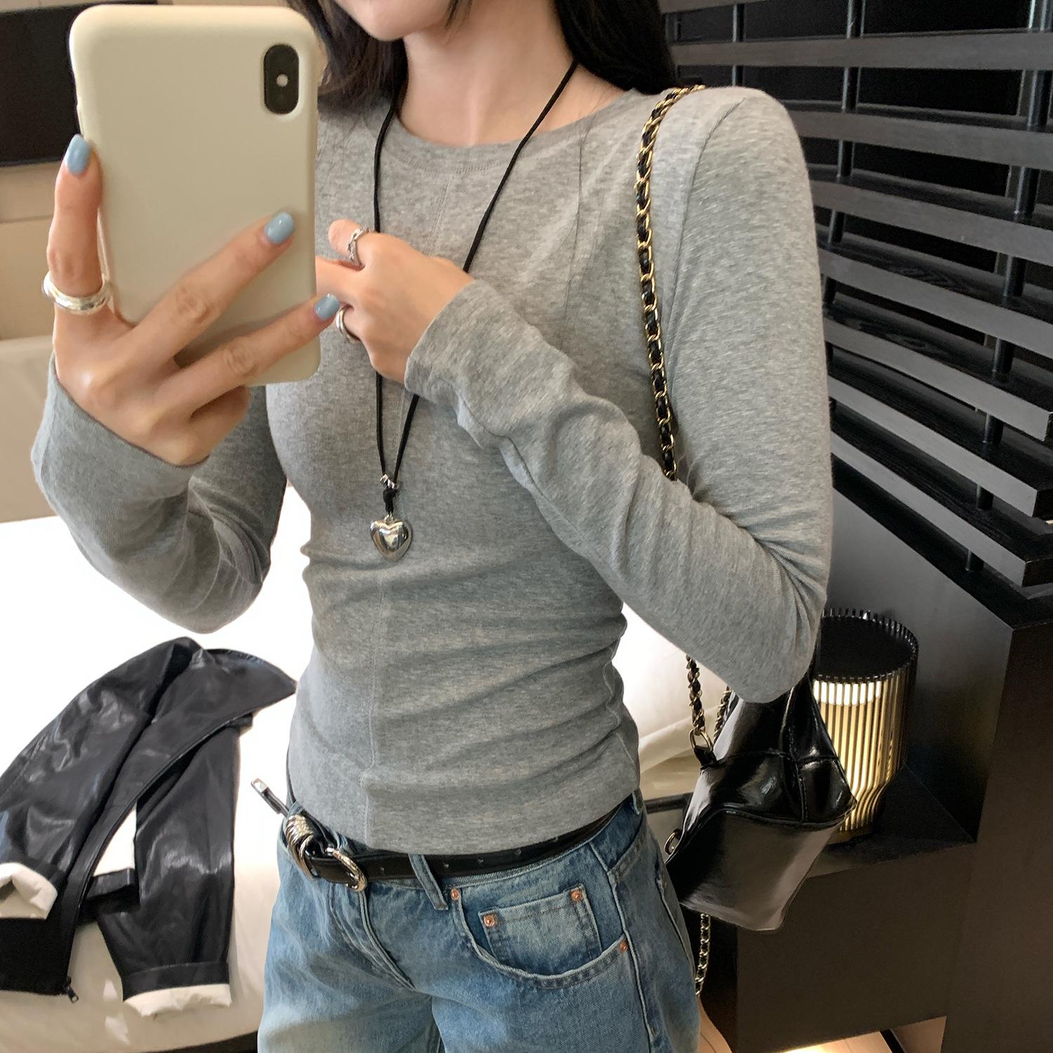 

European Grey Slim Fit Round Neck Long Sleeve Women s T-shirt for Autumn/Winter 2025 Medium серый