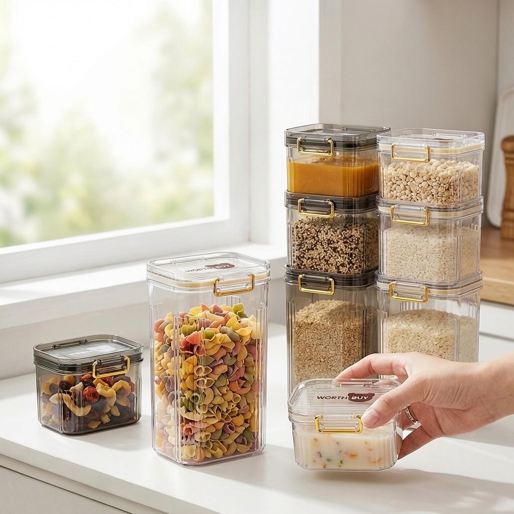 Airtight Clear Plastic Food Storage Containers with Lids Kitchen Organizers Stackable Storage Boxes for Pantry Cereal Pasta