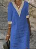 Solid Color V-neck Mid Sleeve Cotton Linen Casual Dress