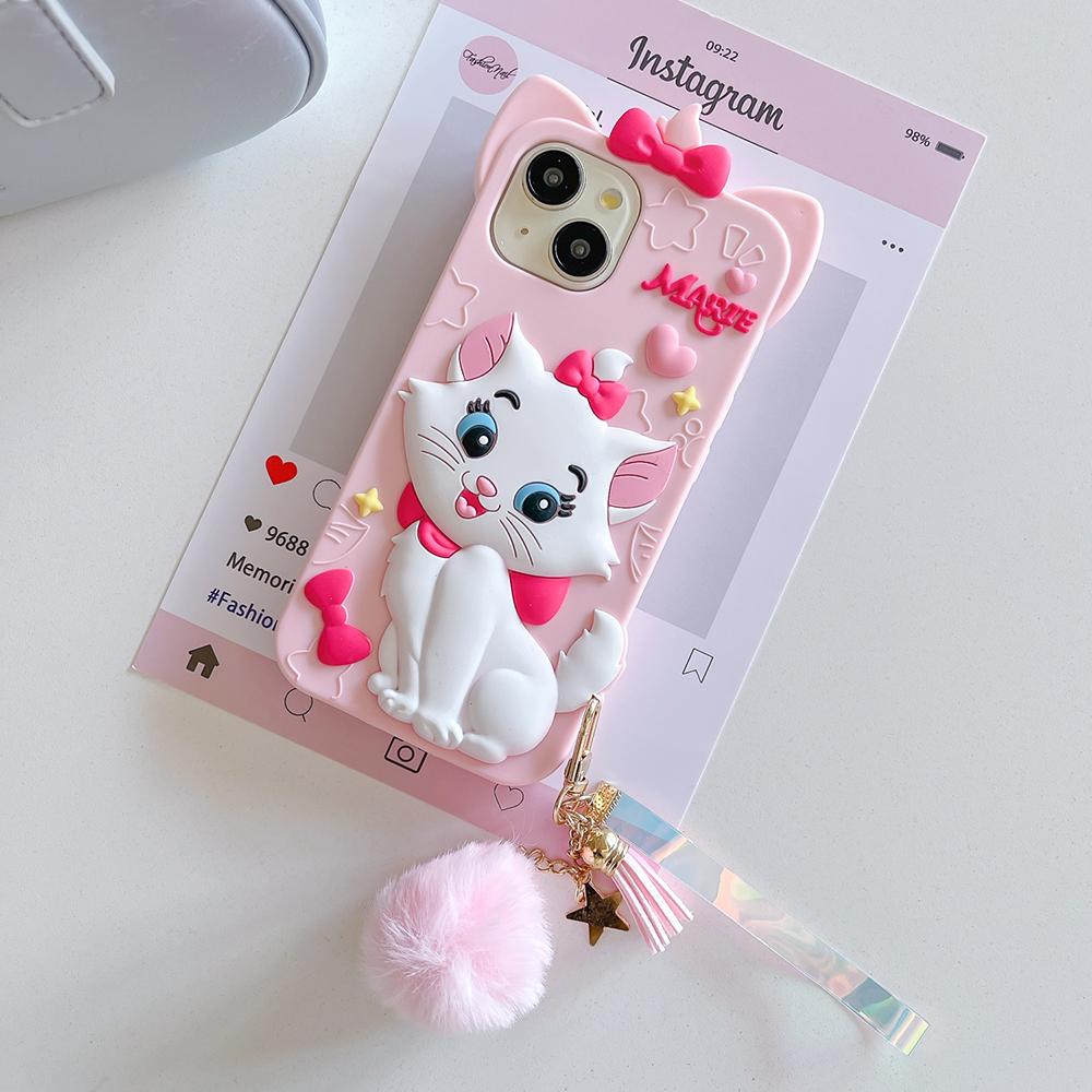3D Kawaii Cartoon Marie Katze Handyhülle Weiche Silikonhülle für iPhone 12 13 14 15 Plus iphone 16 Pro Max Mit Haarbällchen Anhänger