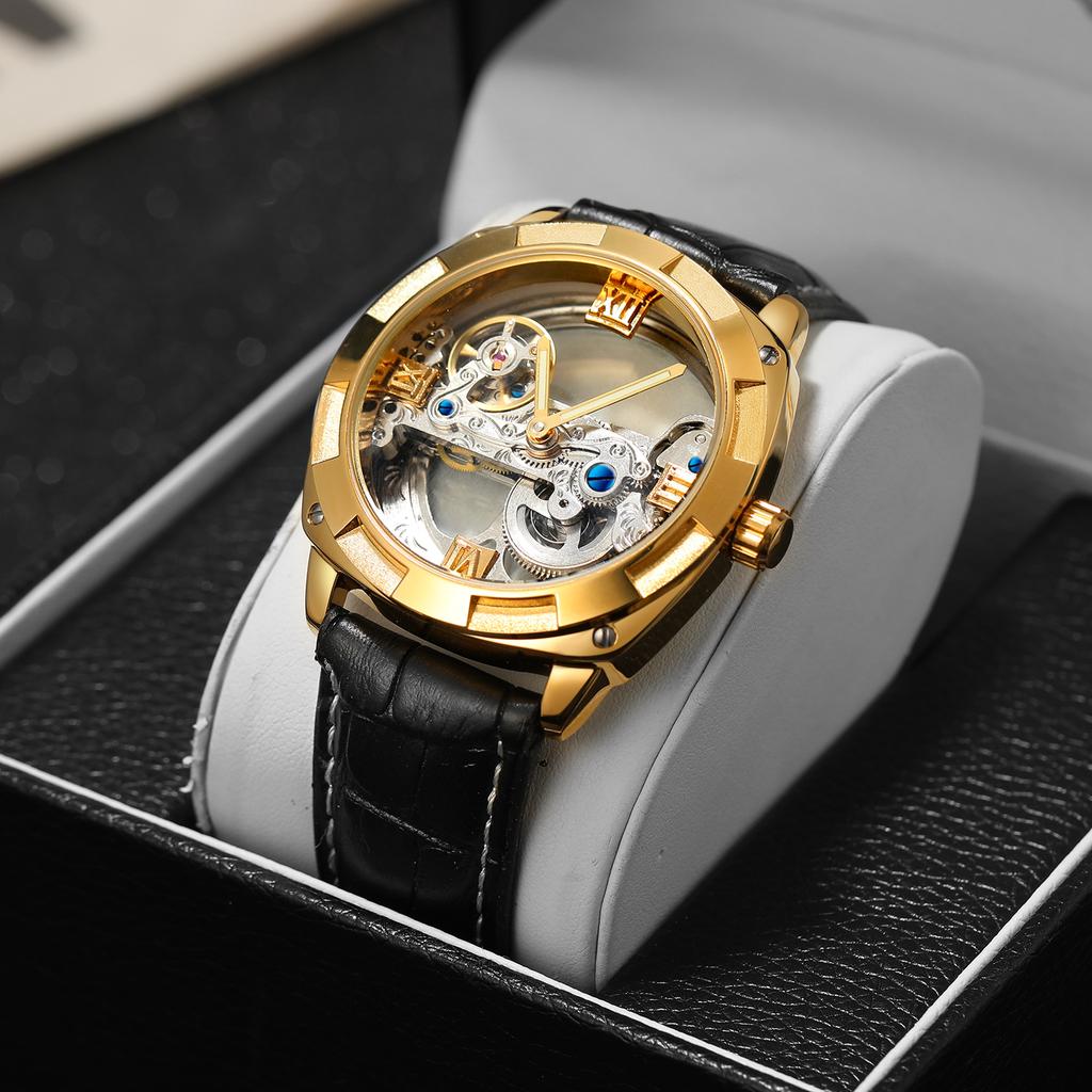 Forsining Official Exclusive Sale Golden Double Side Transparent Modern Design Men Watch Top Luxury Automatic Wristwatches