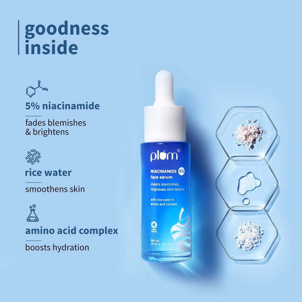 Plum 5% Niacinamide & Rice Water Face Serum 30ml Pack for Clear, Bright & Hydrated Skin