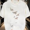 Men Cotton Oversized T-Shirt with White Brown Bird Print Summer Round Neck Short Sleeve Relaxed