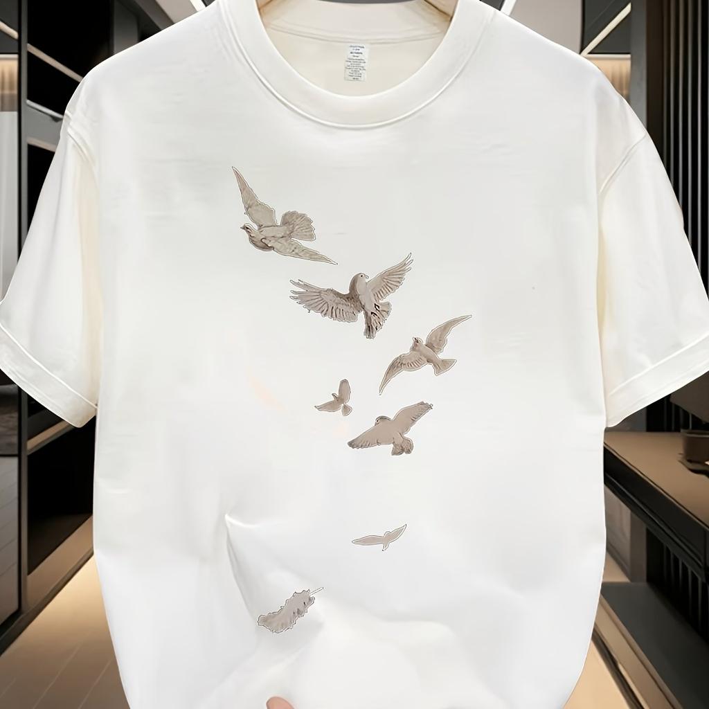 Men Cotton Oversized T-Shirt with White Brown Bird Print Summer Round Neck Short Sleeve Relaxed