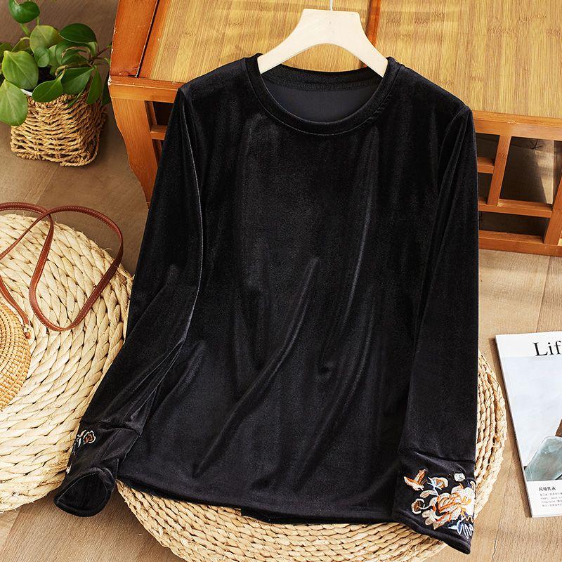 Women's Embroidered Velvet Blouse  Autumn Winter Crew Neck Long-sleeve Velvet T-shirt Solid Color Pullover