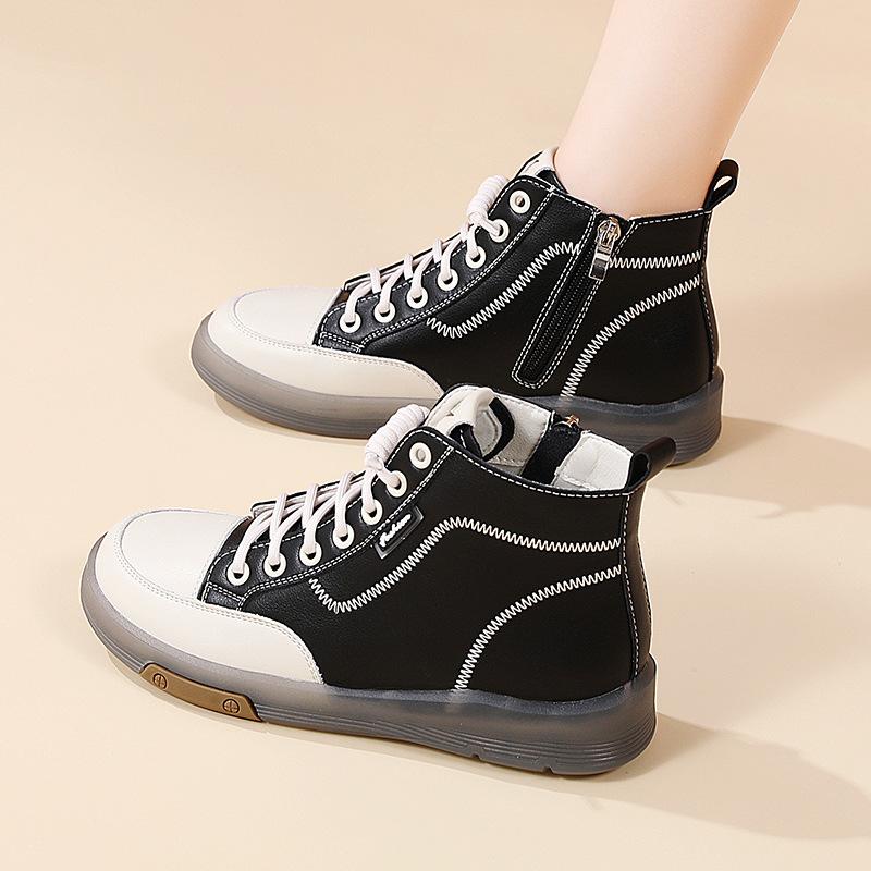 Spring new leather soft-soled flat-soled sports and leisure board shoes comfortable high-top beef tendon sole shoes