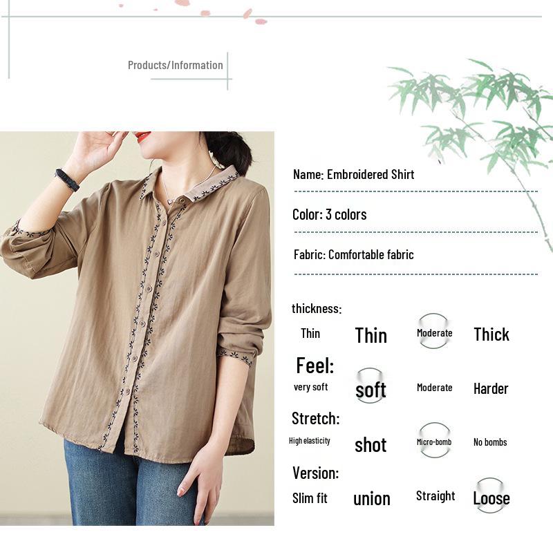 Women's Artistic Retro Embroidered Cotton Linen Shirt - Loose Casual Top for Spring 2026 Arrival