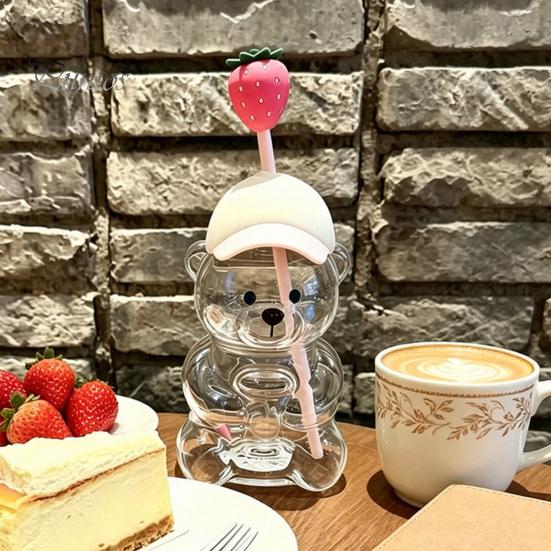 Set di Testa di Paglia Cartoon Orsetto Carino Tazza di Vetro con Coperchio, Bottiglia d'Acqua in Plastica/Vetro da 500/591ml per Grandi Capacità Bevande Fredde/Calde, Motivo Caffè