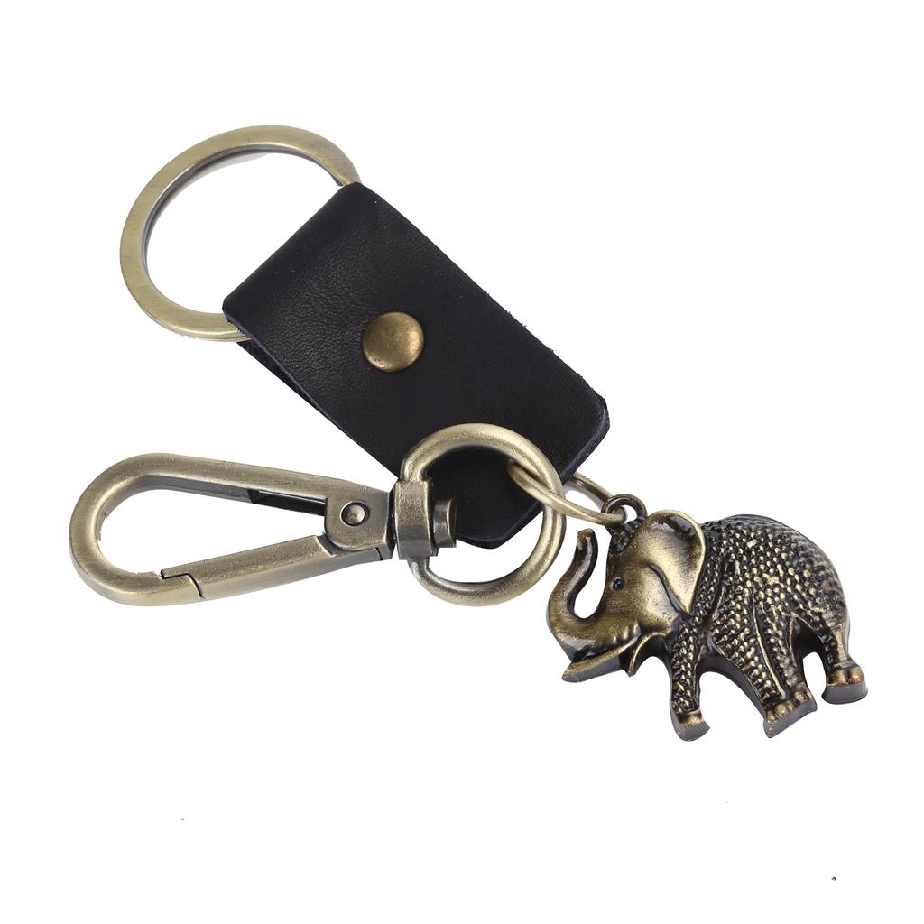 2Pcs Key Chains Elephant Shape Metal Cowhide Car Keychain Retro Leather Pendant GiftsBlack