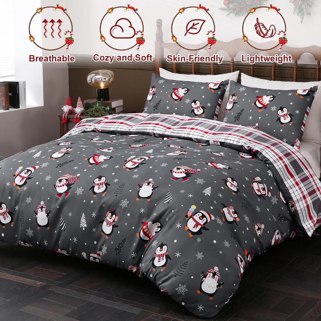Christmas Duvet Cover Set 3 Pieces Penguin Snowflakes Xmas Tree Bedding Set Grey Reversible Plaid Comforter Set