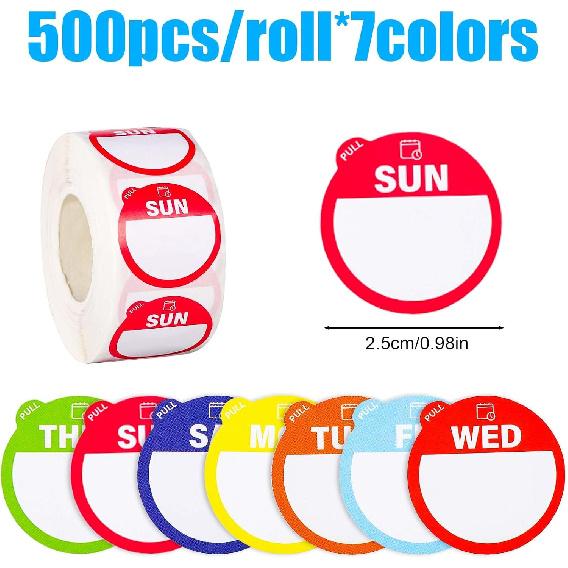 3500pcs Removable Days of The Week Stickers Round, from Monday To Sunday Food Label Weekday Stickers Dissolvable Food Tab Tag Waterproof Expiration