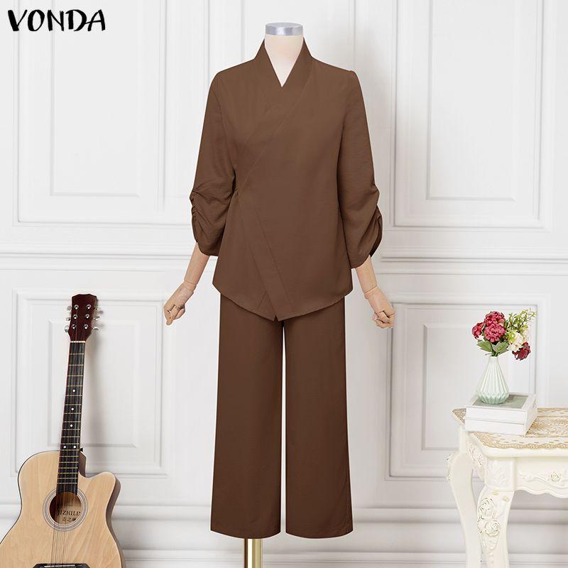 VONDA 2PCS Women Sets Casual Long Sleeve Side Close Blouse and Pants Two Piece Suit