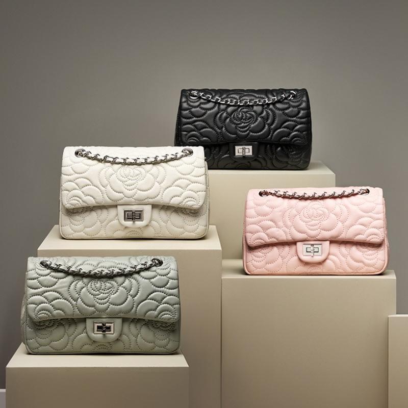 Top Layer Sheepskin Flower Diamd Grid Women's Bag, High-quality Leather Chain Bag, Versatile Single Shoulder Crossbody Bag