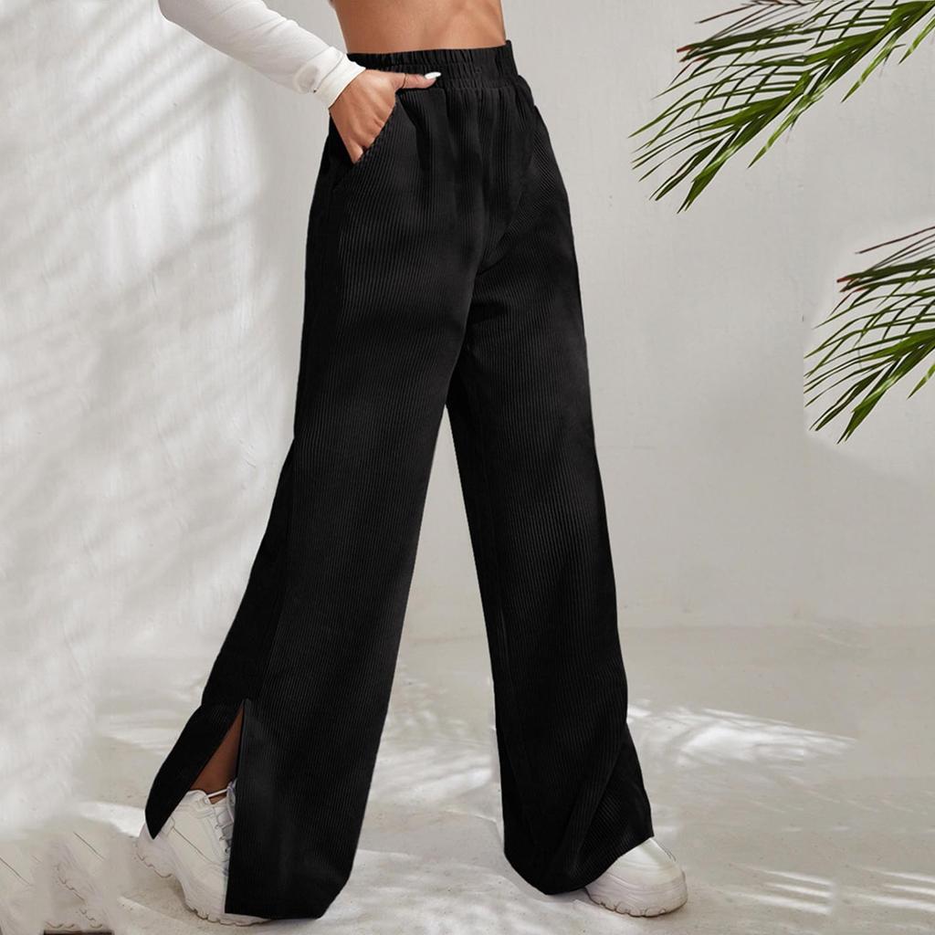 Women's New High-waisted Pants With Slits And Hem Corduroy Solid Color Spliced Casual Pants