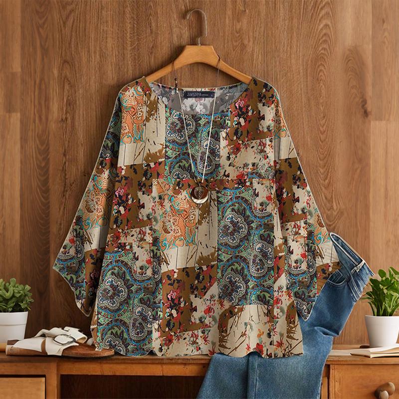 

ZANZEA Женская повседневная блузка из хлопка с круглым вырезом и длинным рукавом 4XL зелёный