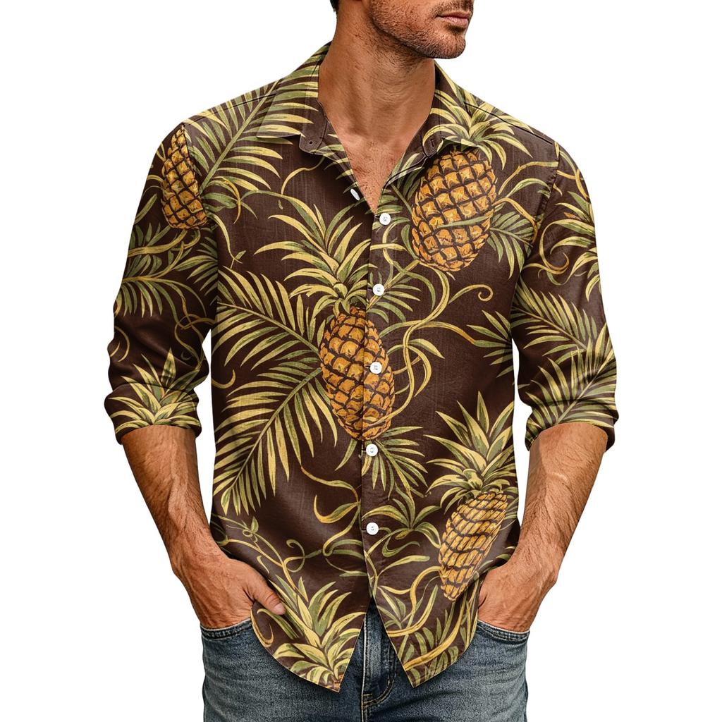 Men's Loose Fit Long Sleeve Button Down Shirt Hawaiian Style Retro Casual Beachwear Shirt with Spread Collar Suitable for Spring and Autumn