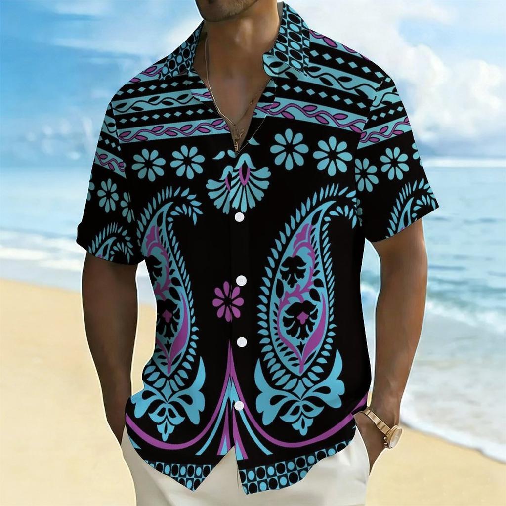 Women Short Sleeve Shirt Purple Blue Paisley Floral Ethnic Print Lapel Button Up Top