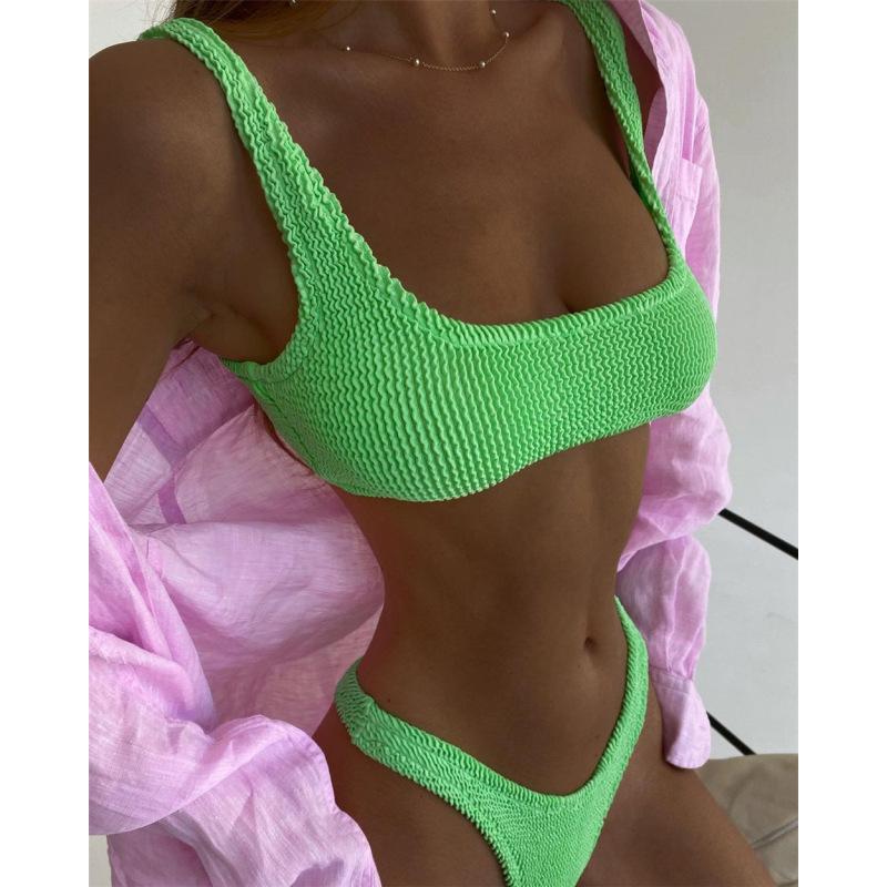 Women's solid color specialty fabric ruffled fabric bikini macaron color two-piece swimsuit