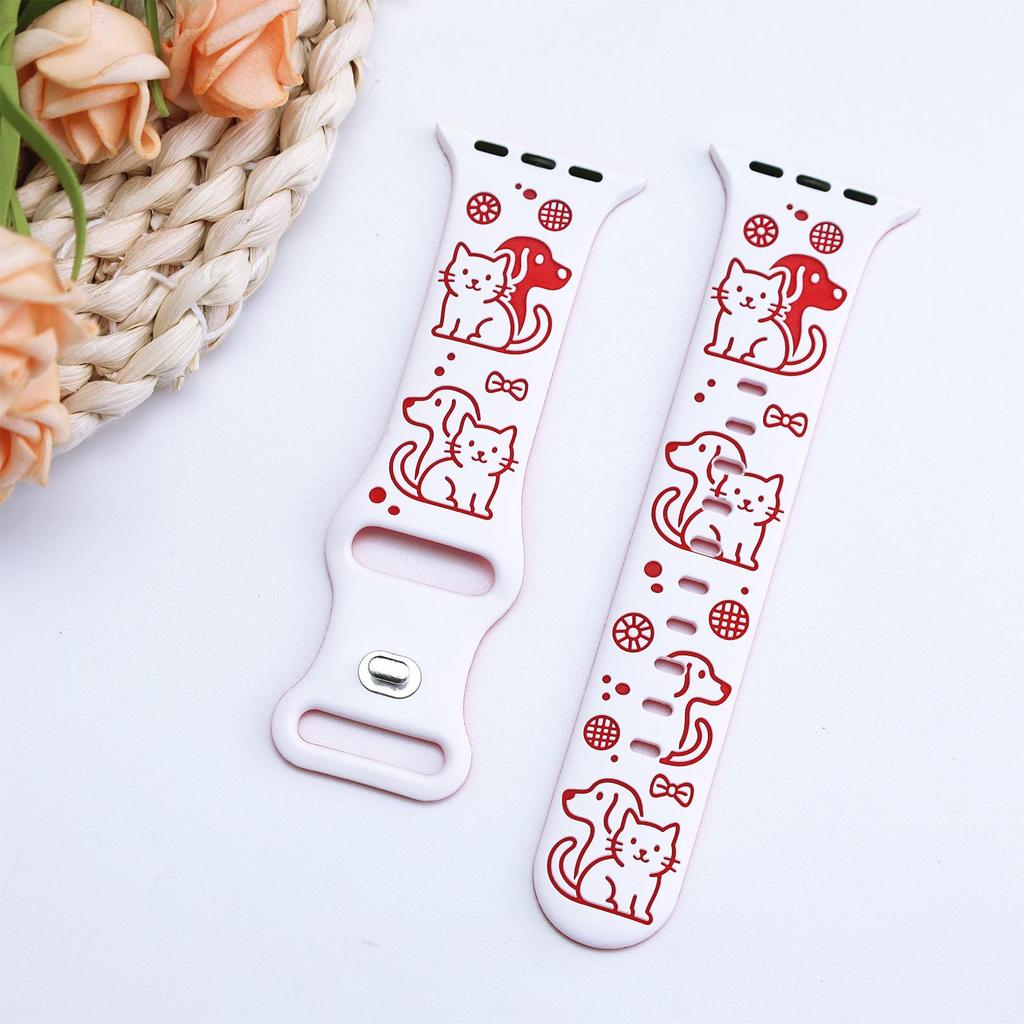 Silicone Watch Strap for Apple Watch S10/S987654 with Cat & Dog Pattern