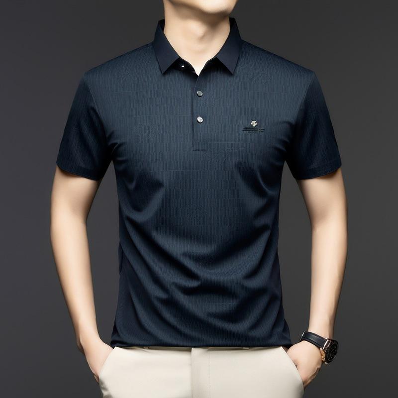 

Высококачественная футболка с короткими рукавами, мужская тонкая однотонная рубашка поло из холодного шелка с крутыми деловыми лацканами 4XL