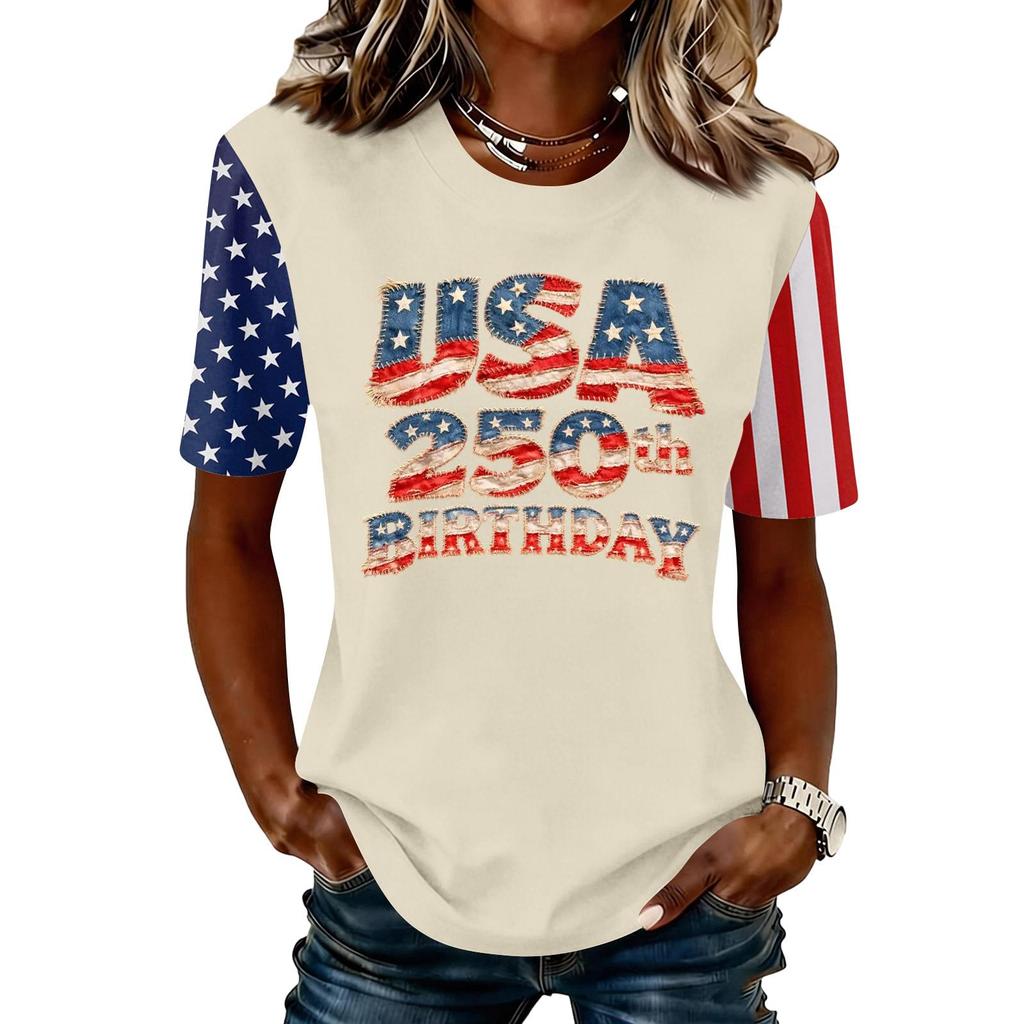 Blusa Feminina da Moda Casual de Manga Curta com Estampa e Gola Redonda