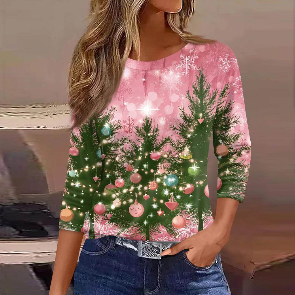 Women's Fashionable Casual Three Quarter Sleeve Christmas Printed Round Neck Top