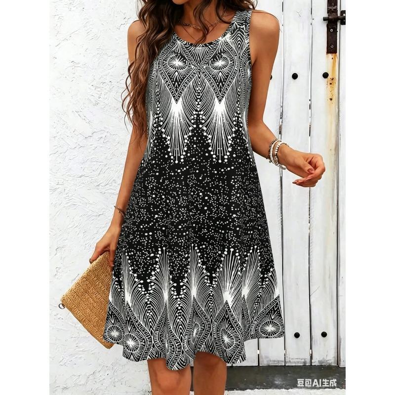 Women s Summer Dress,Simple Sleeveless Floral Sundress, Beach 3D Print Dress for summer clothes S