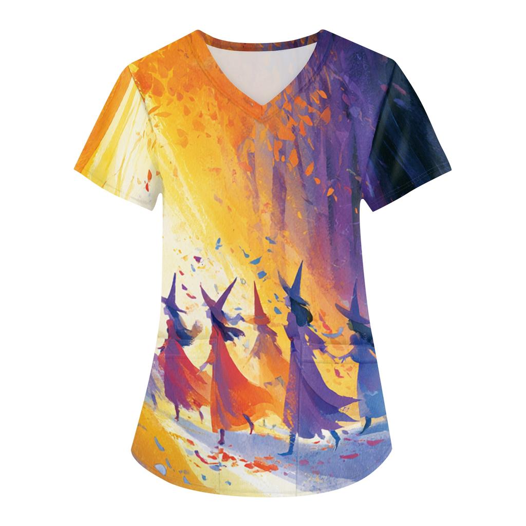 Women's Halloween Printed V-Neck Short Sleeve Scrub Top with Pockets