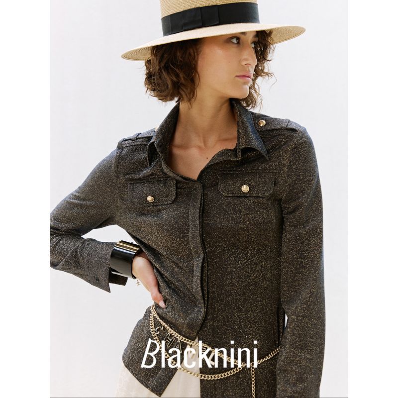 

Blacknini Yinhuafu/ Good Times Italy Em Luxury Brand Homologous Gold and Silver Silk Double-sided Knitted Shirt Black Gold M