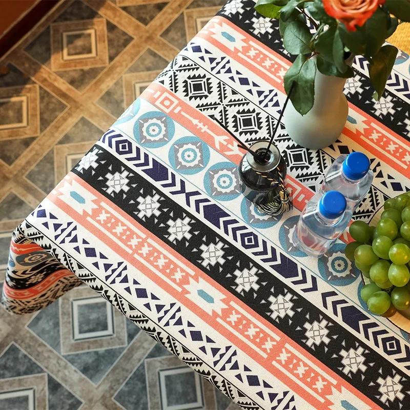 Vintage Boho Tassel Table Cloth Waterproof Cotton Linen Bohemian Tablecloth Patio Outdoor Wrinkle Free Table Protector Covers Wedding Party Home Decor