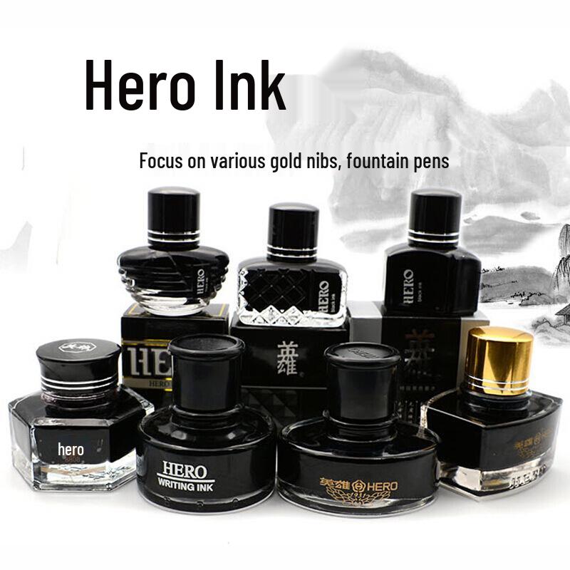 Hero Gold Fountain Pen with Special Non-Clogging, Non-Carbon Ink: Black 234, Red 200, Blue-Black 440.