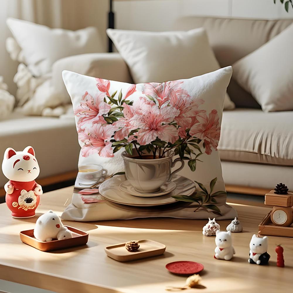 Painting Cup of Flowers Pillow Case Anti-dustmite Pillowcase Invisible Zipper Silky Short Plush Sofa Cushion Cover
