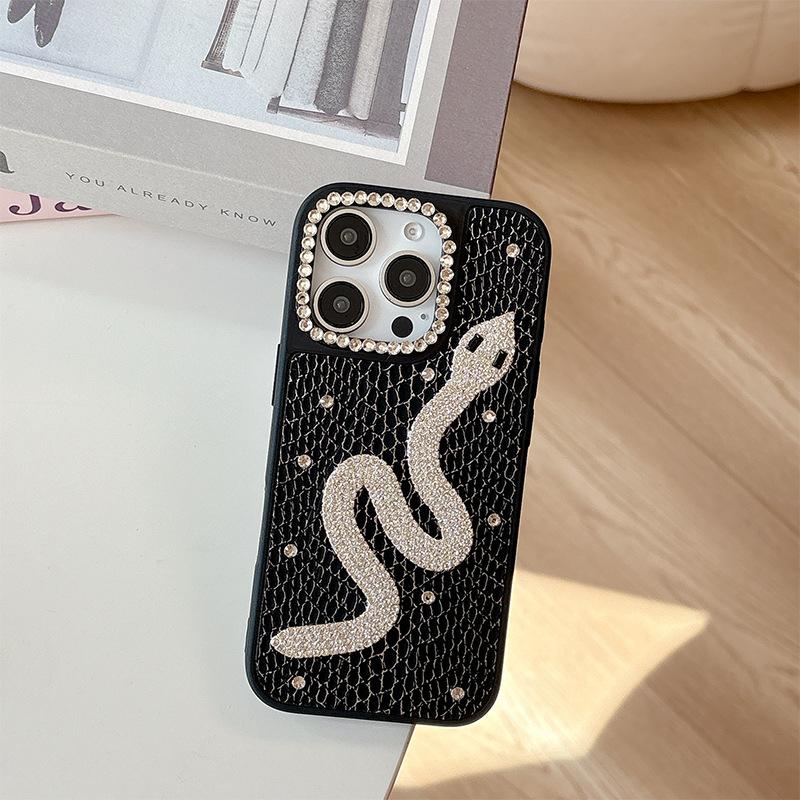 Silver Snake Rhinestone Mobile Phone Case Is Suitable For Apple 17Promax Solid Color Leather Iphone16 Light Luxury Fashion 15Plus