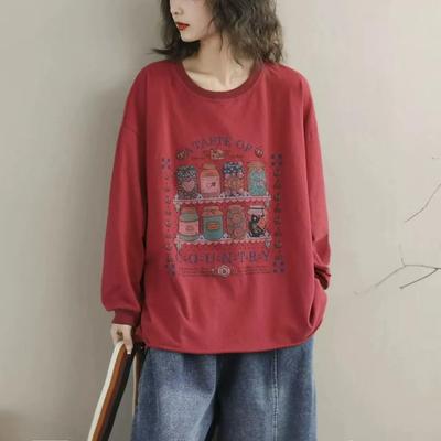Spring and Summer New Casual Round Neck Pullover Pure Cotton Printed Long-sleeved Versatile Loose Women's T-shirt