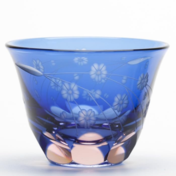 Glass Studio Saiho Edo Kiriko Sake Cup with Cherry Blossom Gift Flower Kiriko Glass Design, Blue-Pink, Boxed,