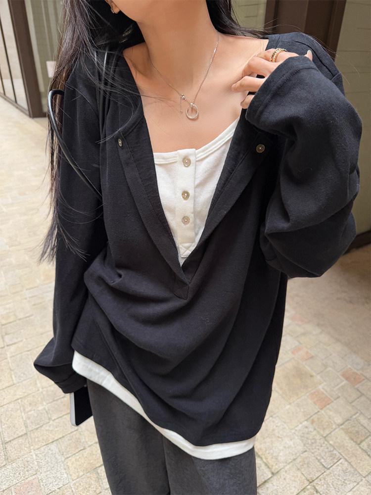 Superniniyy Women s Half-Open Slanted Collar Patchwork Long Sleeve Slimming T-shirt Small чёрный