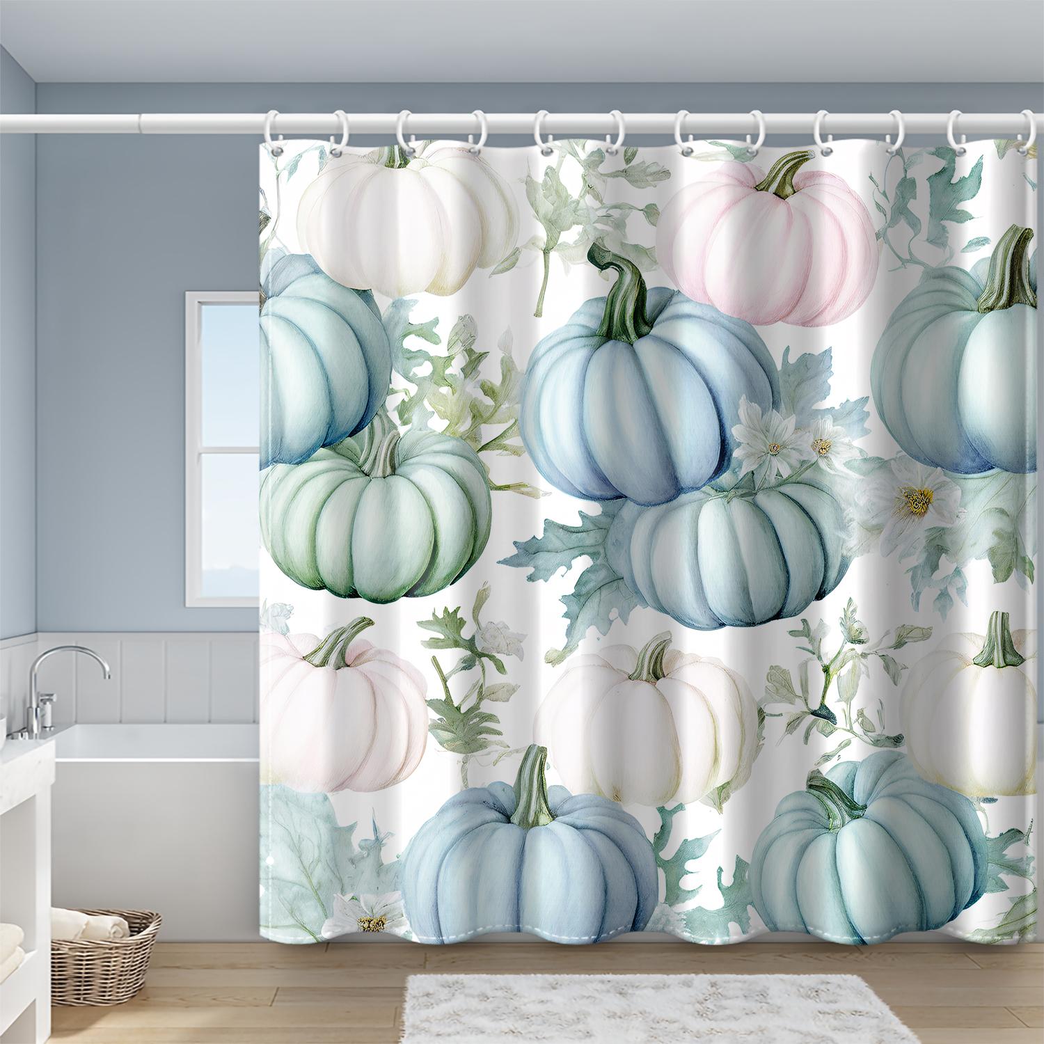 

1 Piece Of Blue-Green Pumpkin Shower Curtain With Plastic Hook, Autumn Minimalist Style Bathroom Partition Curtain Decoration W60H190(CM)-1 Pcs