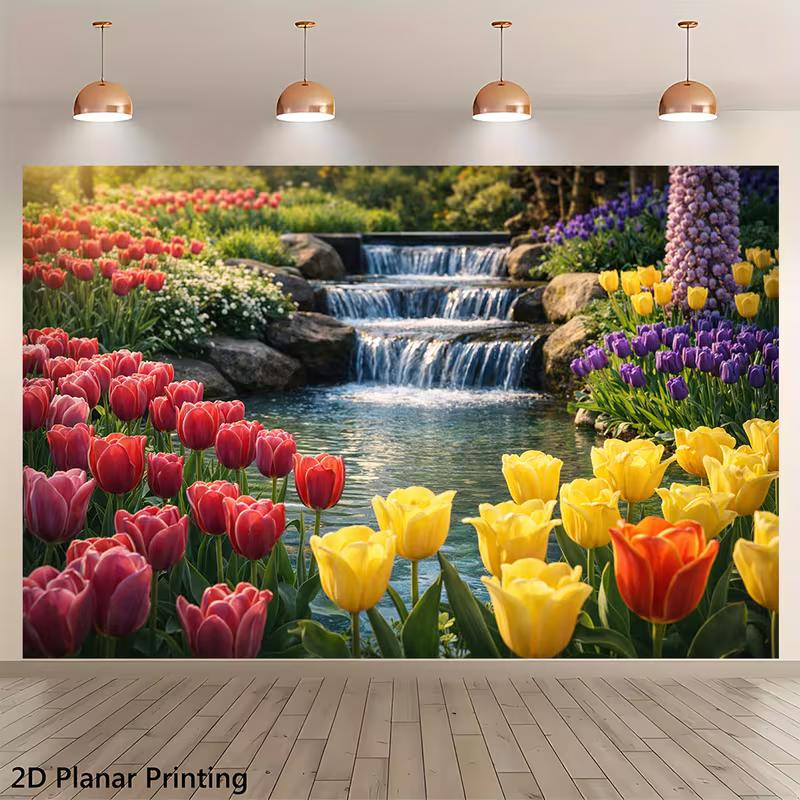 2D Flat Printed Tulip Backdrop, Vibrant Multicolor Tulip Garden with Waterfall Photo Background