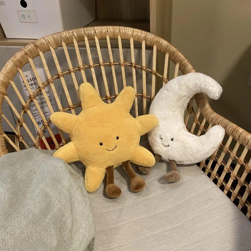 Adorabile faccia sorridente luna bianca sole giallo peluche ripieno carino cartone animato meteo peluche giocattolo per bambini camera da letto arredamento divano cuscino da lancio