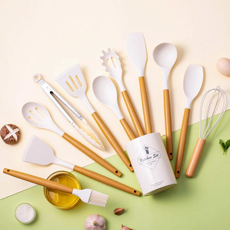 12Pcs Silicone Kitchen Cookware Utensils PP Handle Turner Food Grade Spatula Measuring Spoon Practical Cooking Tool Kitchenware