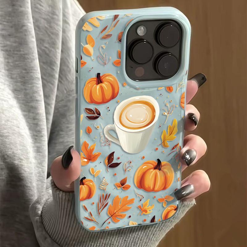 Pumpkin Autumn Leaves Coffee Pattern Phone Case For iPhone 16 Pro Max 17 Air 15 Plus 14 13 12 11 Folds Texture Soft Back Cover