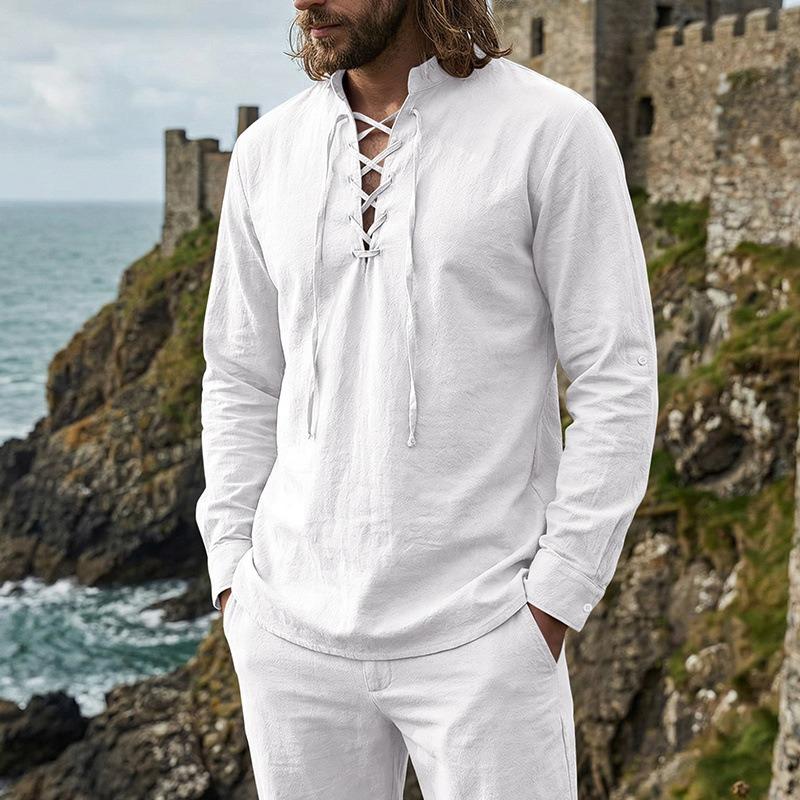 Herren Beachwear Beige Leinen Schnürung V-Ausschnitt Bluse Freizeit