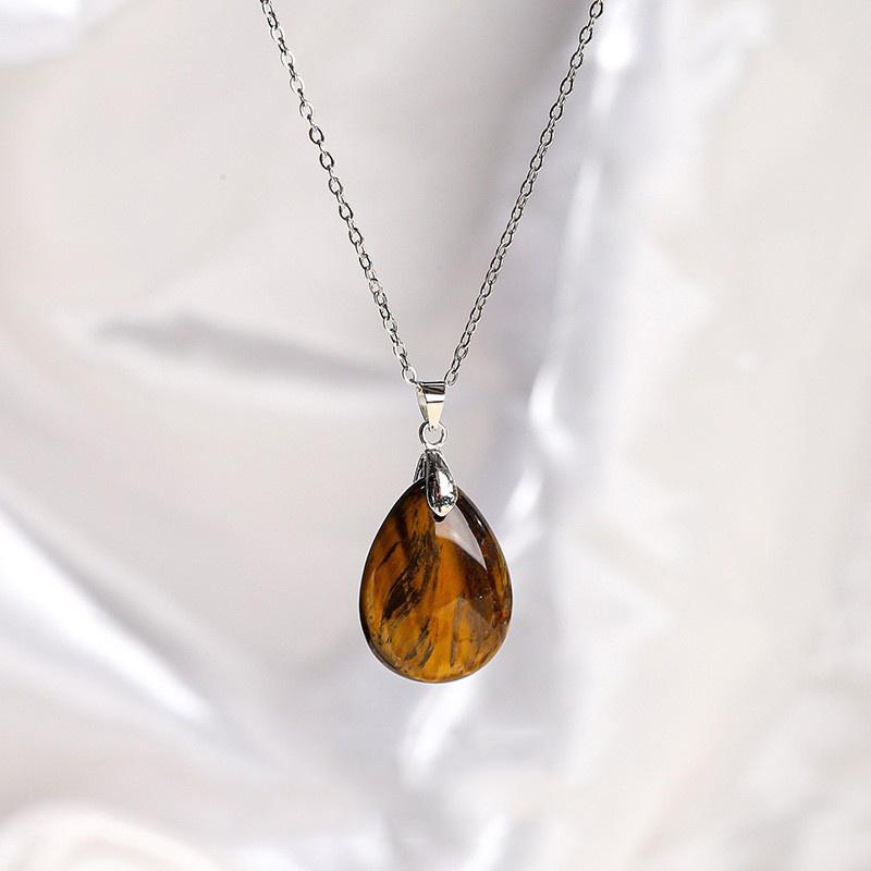Natural Stone Water Drople Pendant Necklace Quartz Crystal Agates Natural Stone Water Drop Pendant Tiger Eye Stainless Necklace