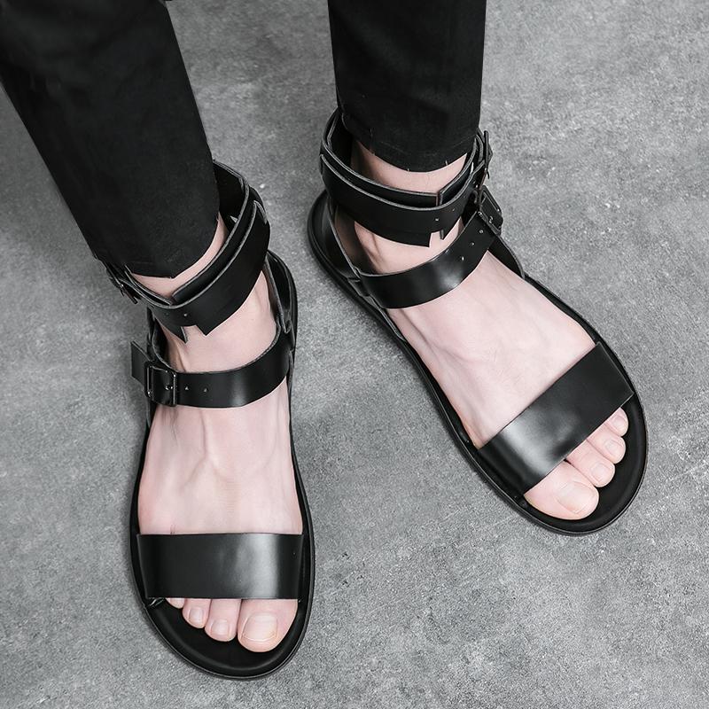 Men Sandals Black White Leather Slippers Outdoor Roman Gladiator Sandals Summer Black Open Toe Beach Shoes